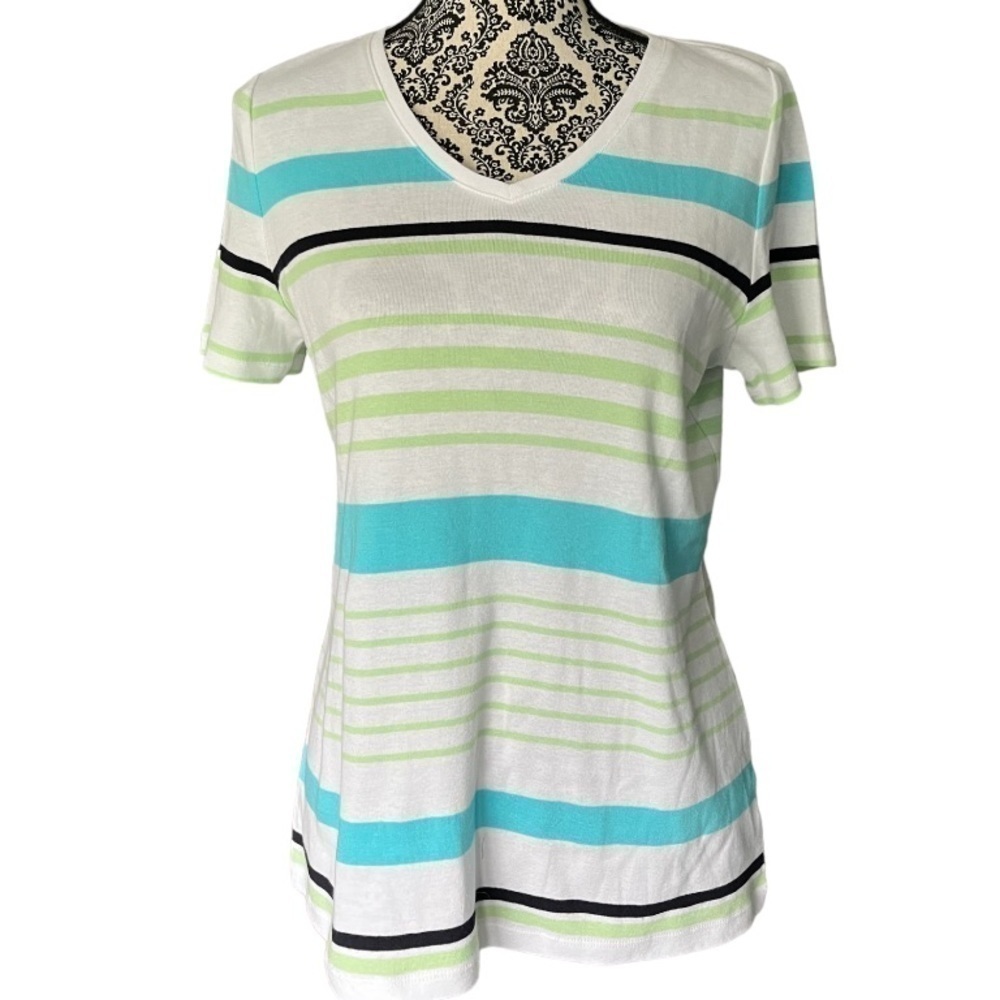 Talbots Striped V-Neck Cotton Tee | Aqua Green White Short Sleeve Top | PL